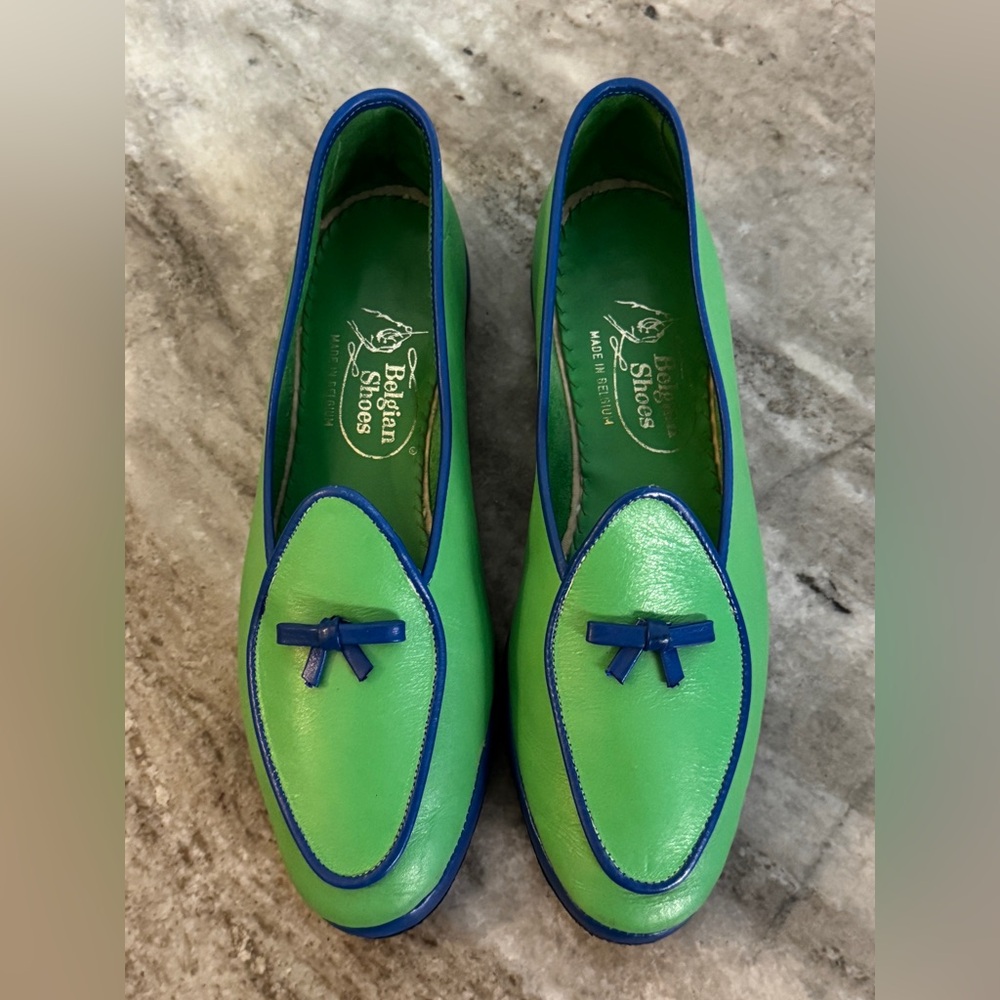 Belgian Shoes Midinette Slippers Green Blue Calfskin Leather  Loafers 4.5 Flats